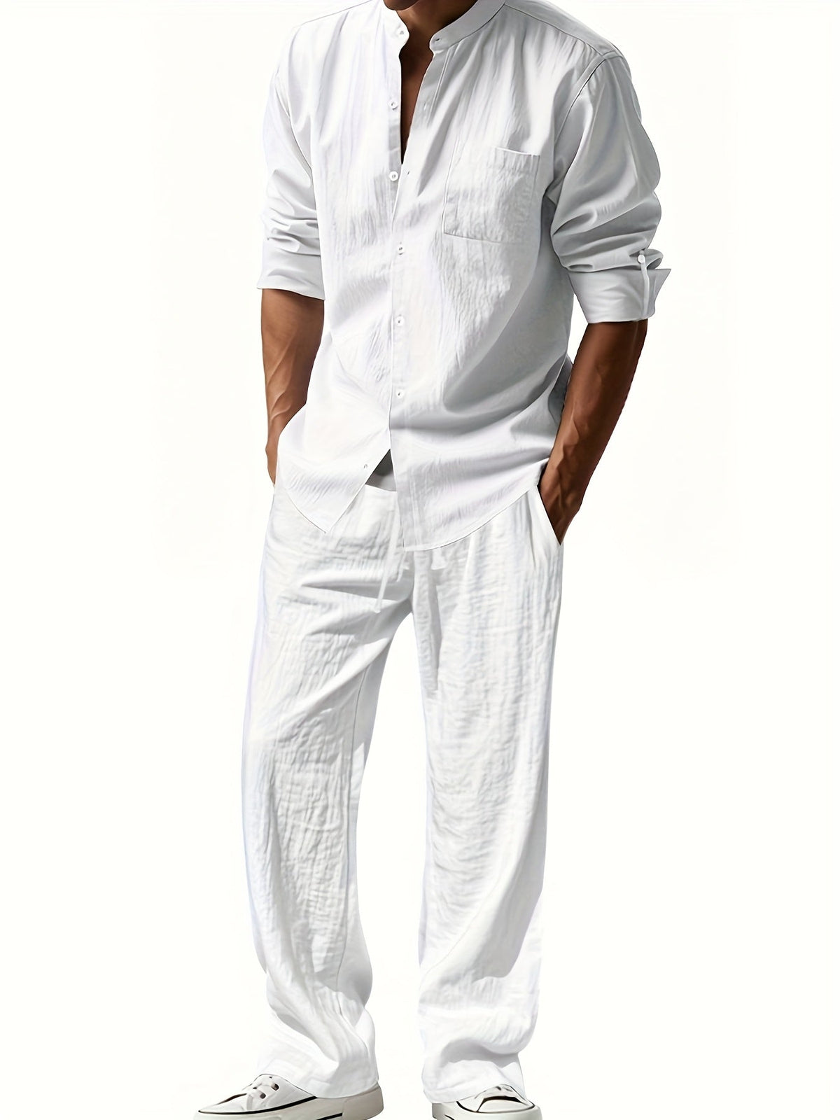 Men's Band Collar Shirt Wide Leg Trousers Two Piece