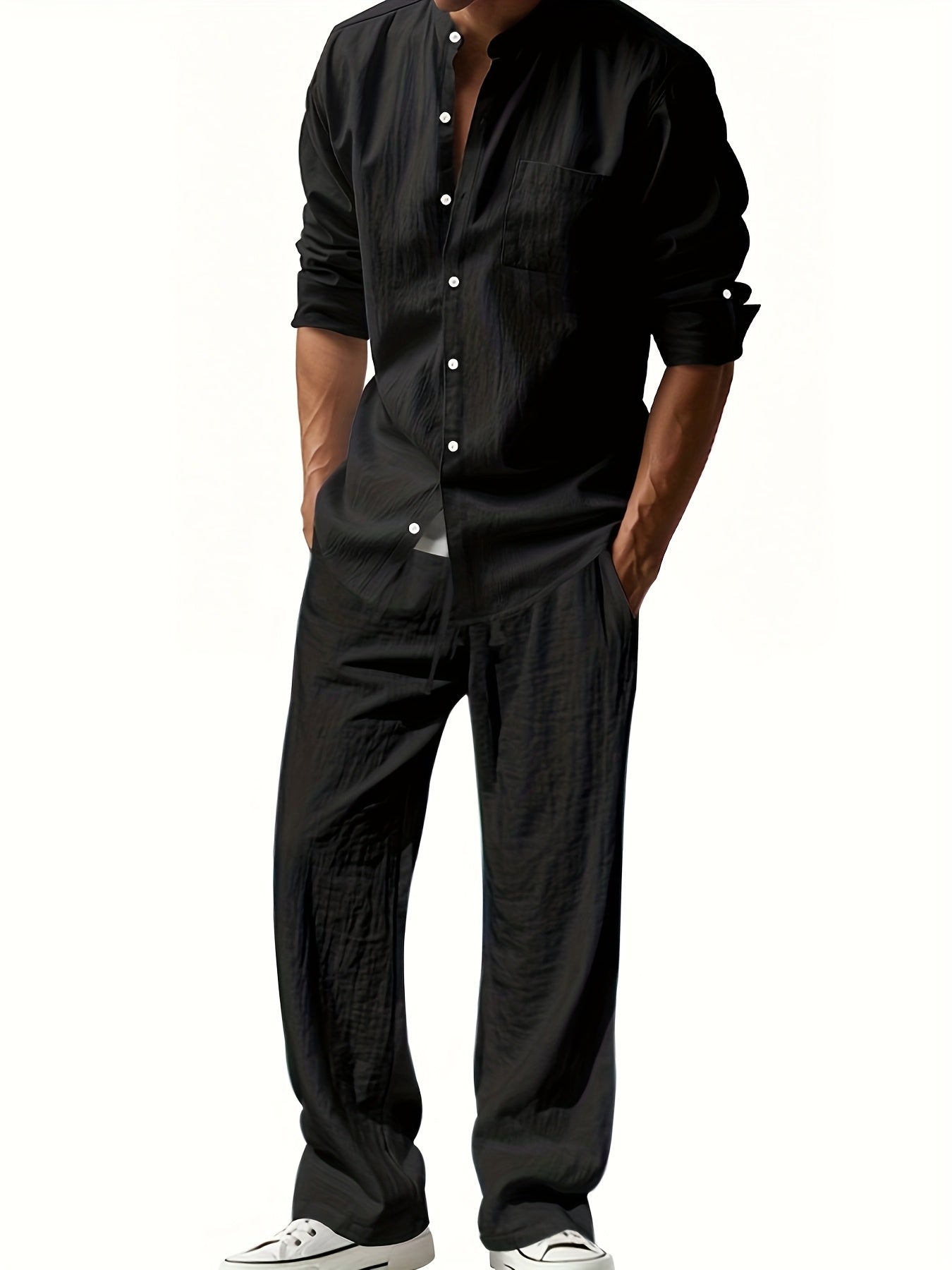 Men's Band Collar Shirt Wide Leg Trousers Two Piece