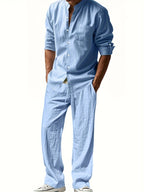 Men's Band Collar Shirt Wide Leg Trousers Two Piece