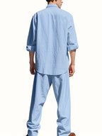 Men's Band Collar Shirt Wide Leg Trousers Two Piece