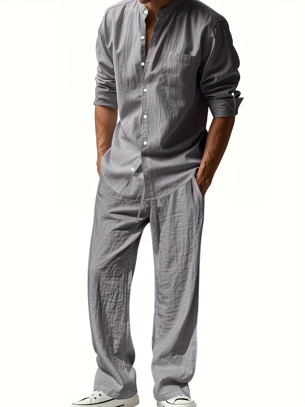 Men's Band Collar Shirt Wide Leg Trousers Two Piece