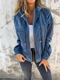 Women's Full-Zip Corduroy Jacket with Built-In Hood - Blue