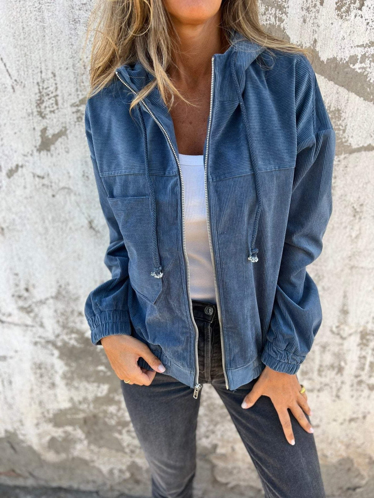 Women's Full-Zip Corduroy Jacket with Built-In Hood - Blue
