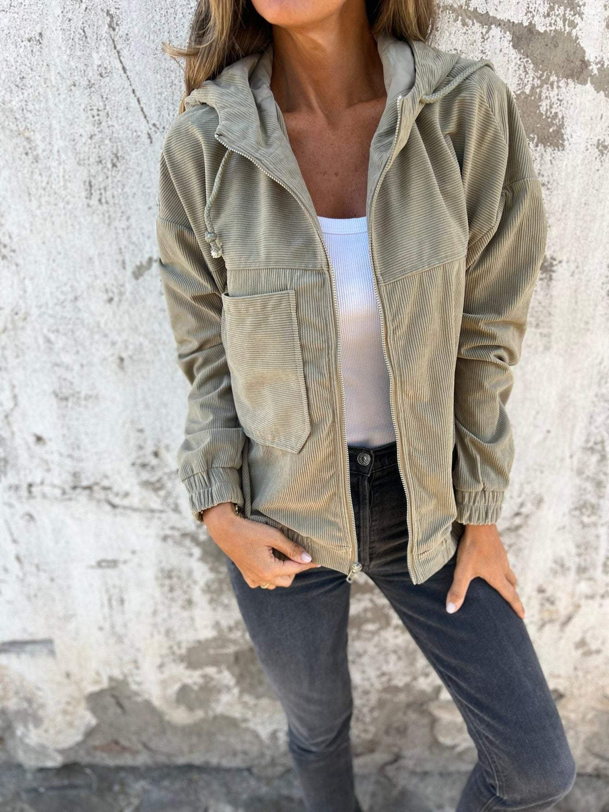 Women's Full-Zip Corduroy Jacket with Built-In Hood - Beige