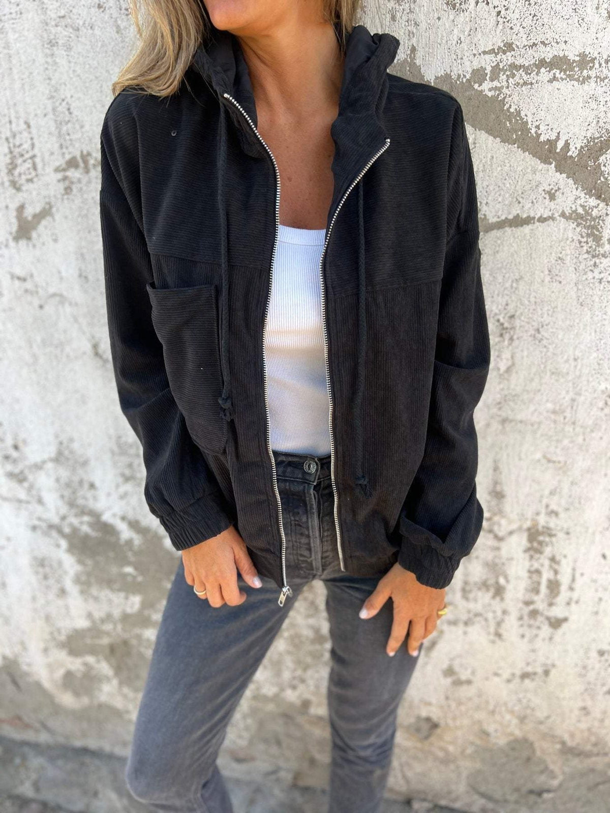 Women's Full-Zip Corduroy Jacket with Built-In Hood - Black