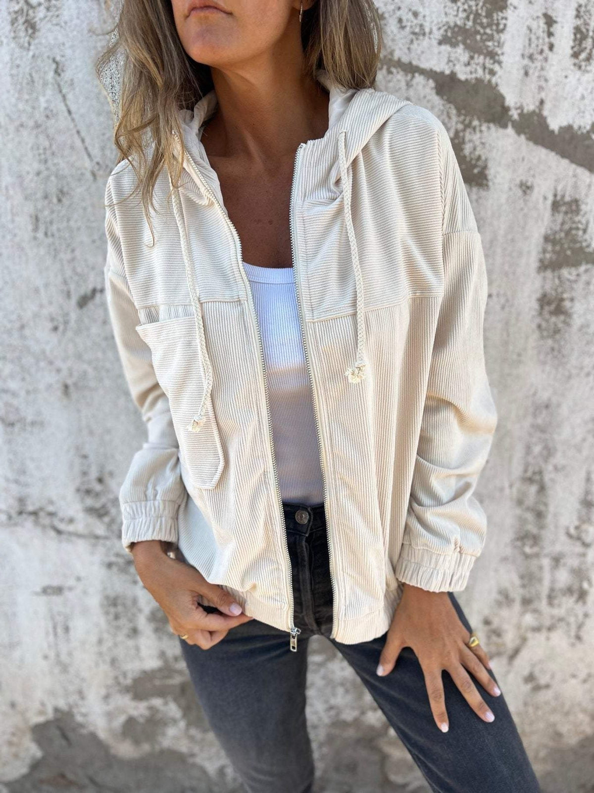 Women's Full-Zip Corduroy Jacket with Built-In Hood - White