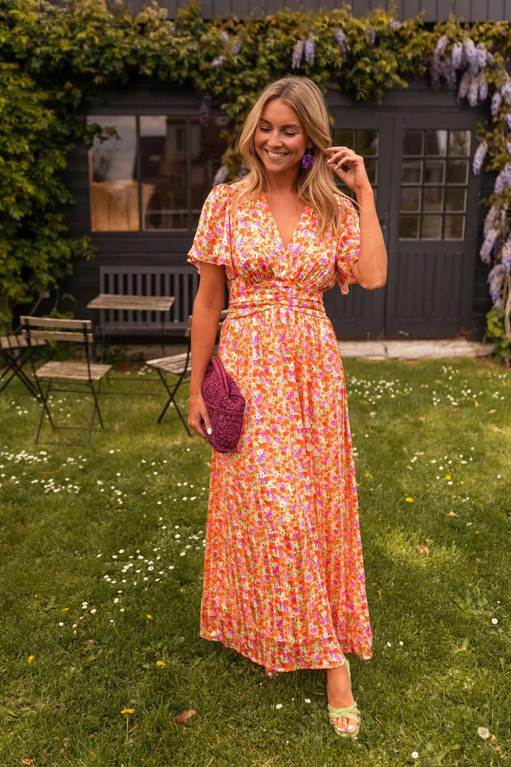 Women's V-Neck Floral Short Sleeve Maxi Dress