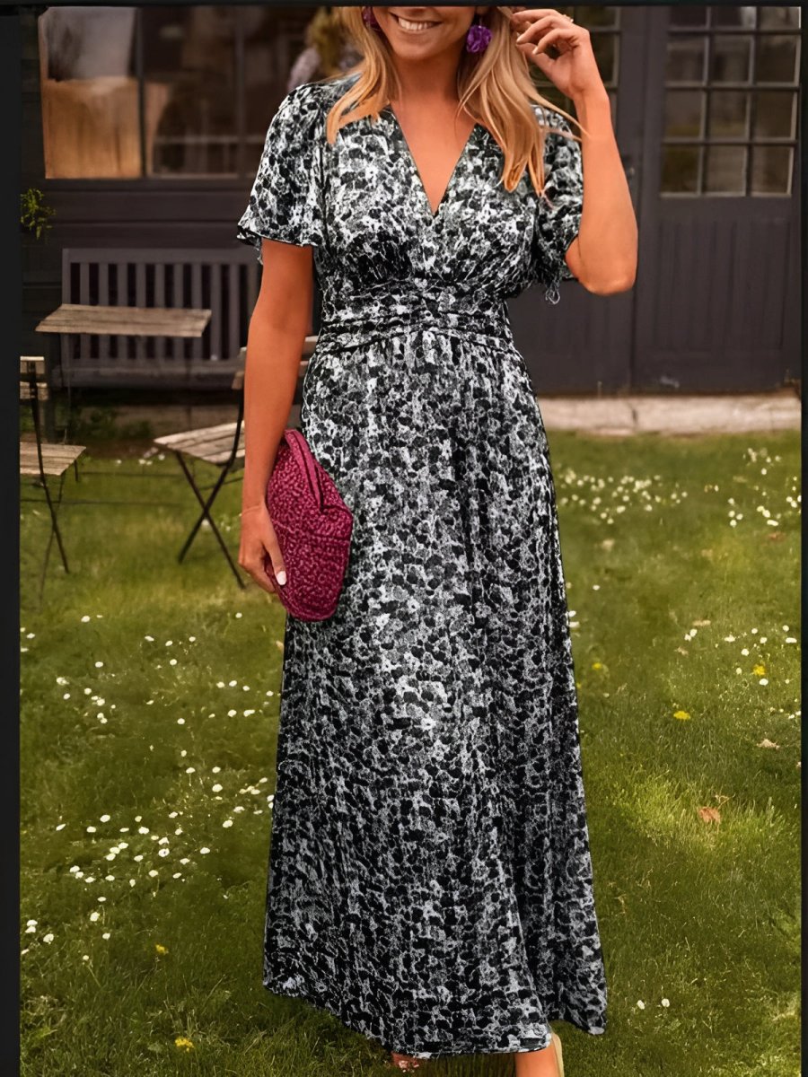Women's V-Neck Floral Short Sleeve Maxi Dress