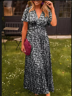 Women's V-Neck Floral Short Sleeve Maxi Dress