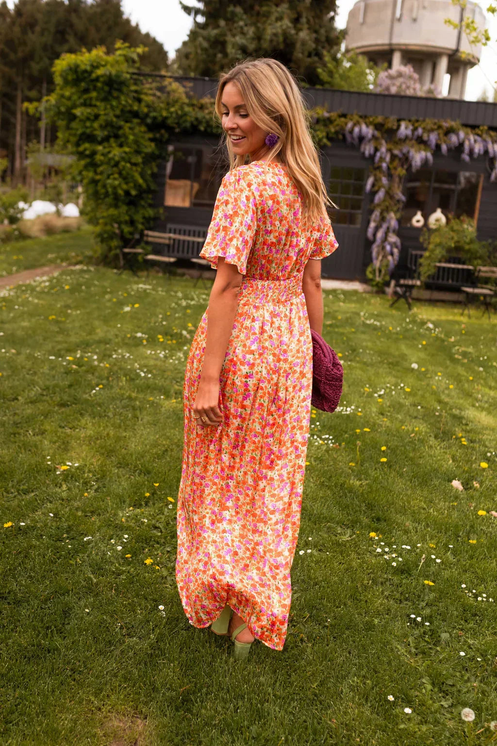 Women's V-Neck Floral Short Sleeve Maxi Dress