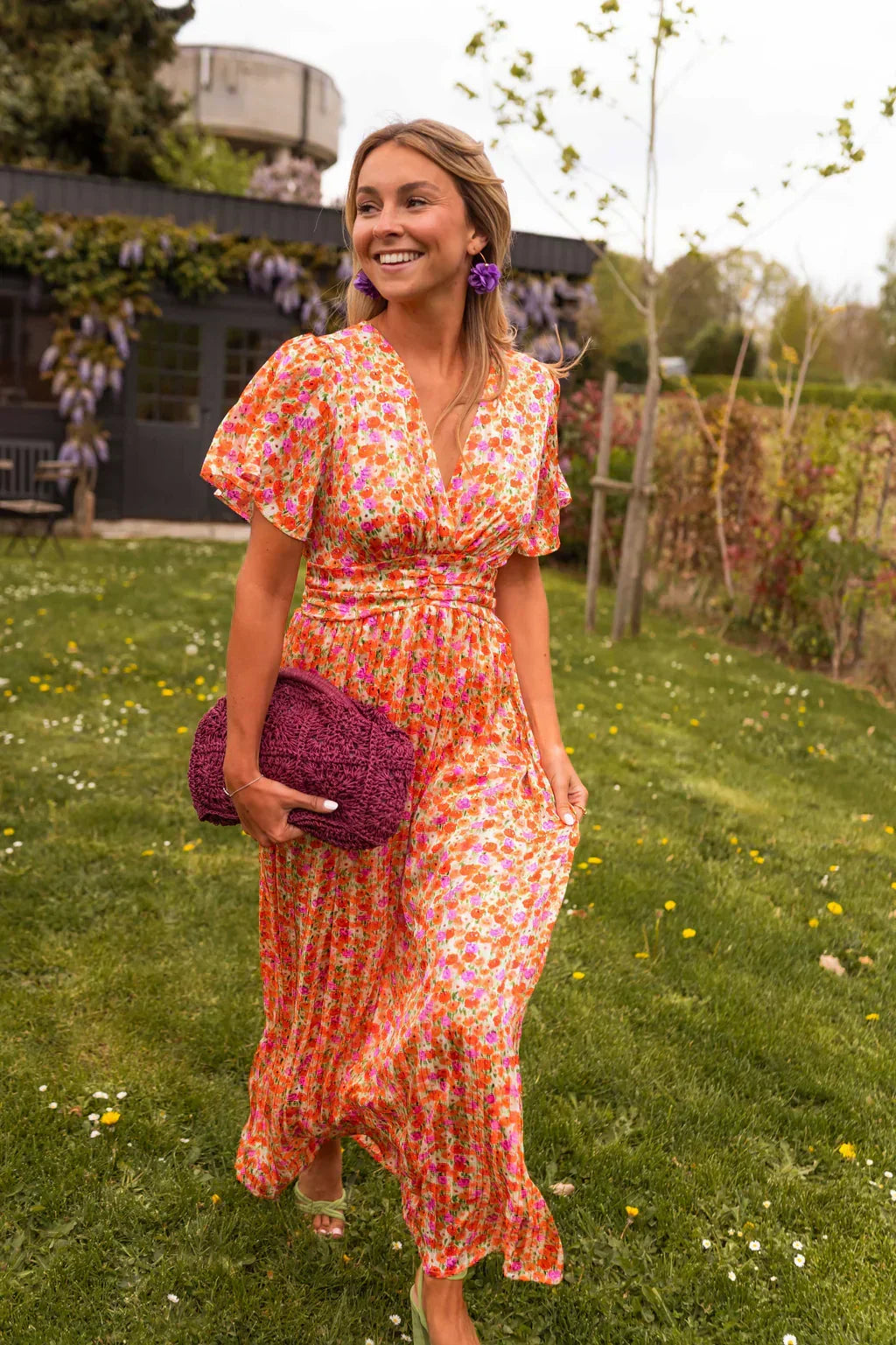 Women's V-Neck Floral Short Sleeve Maxi Dress