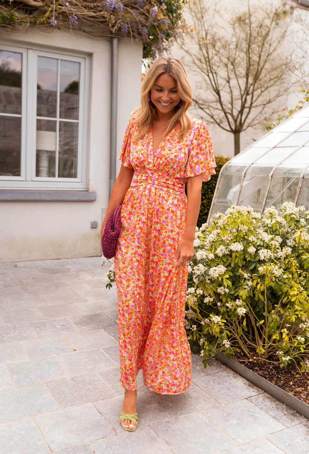 Women's V-Neck Floral Short Sleeve Maxi Dress