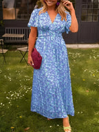Women's V-Neck Floral Short Sleeve Maxi Dress