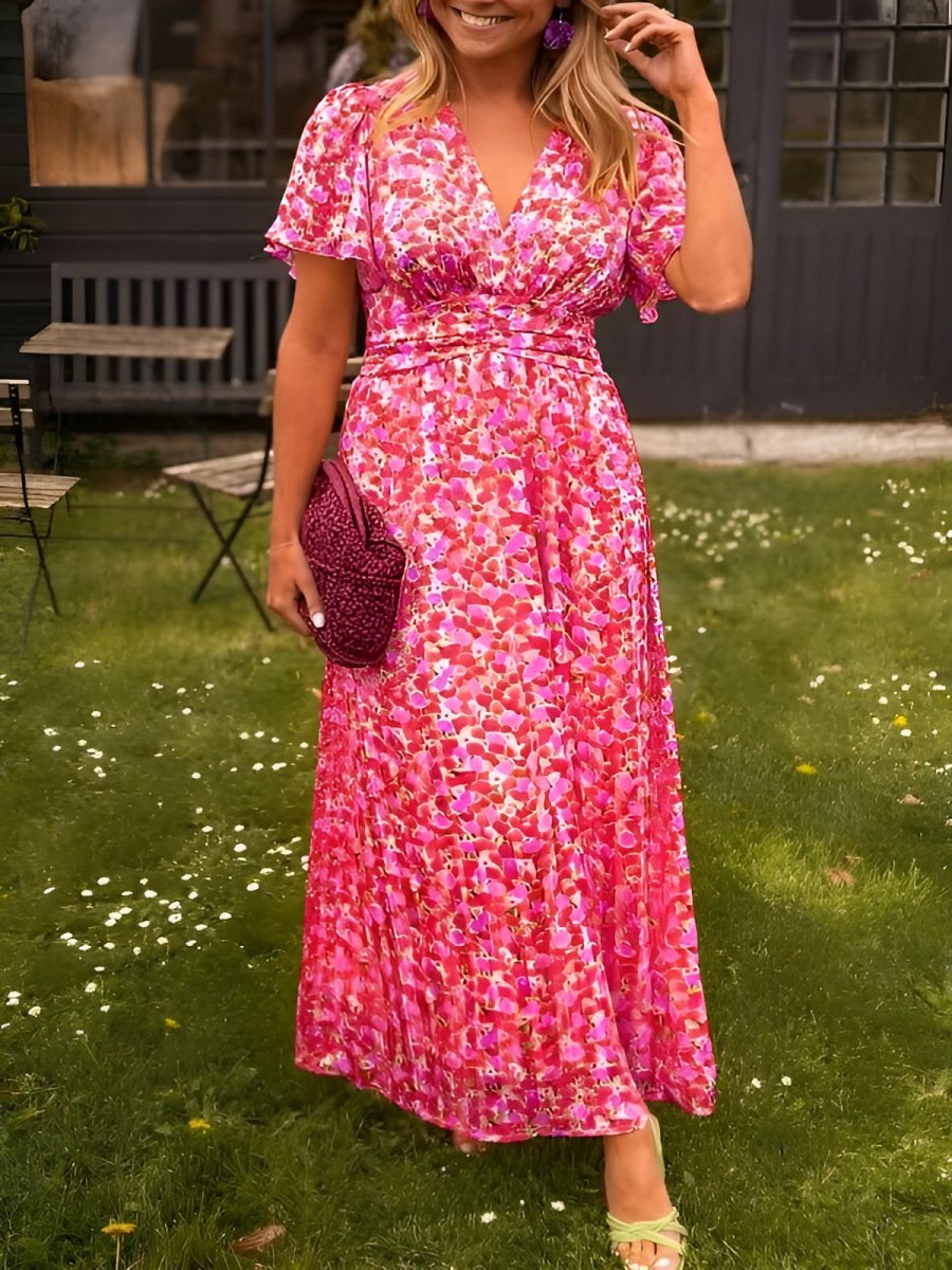 Women's V-Neck Floral Short Sleeve Maxi Dress