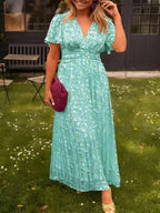 Women's V-Neck Floral Short Sleeve Maxi Dress