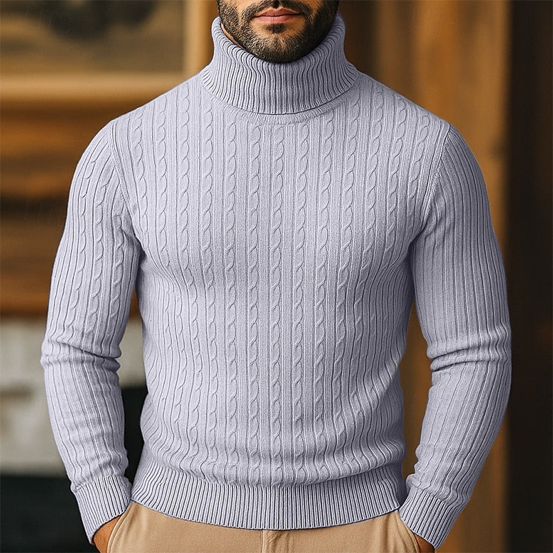 Men's Slim-Fit Turtleneck Sweater with Twisted Cable Texture - Gray