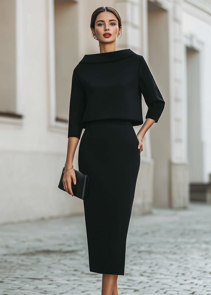 Women's Two Piece Set Boat Neck Top Midi Skirt