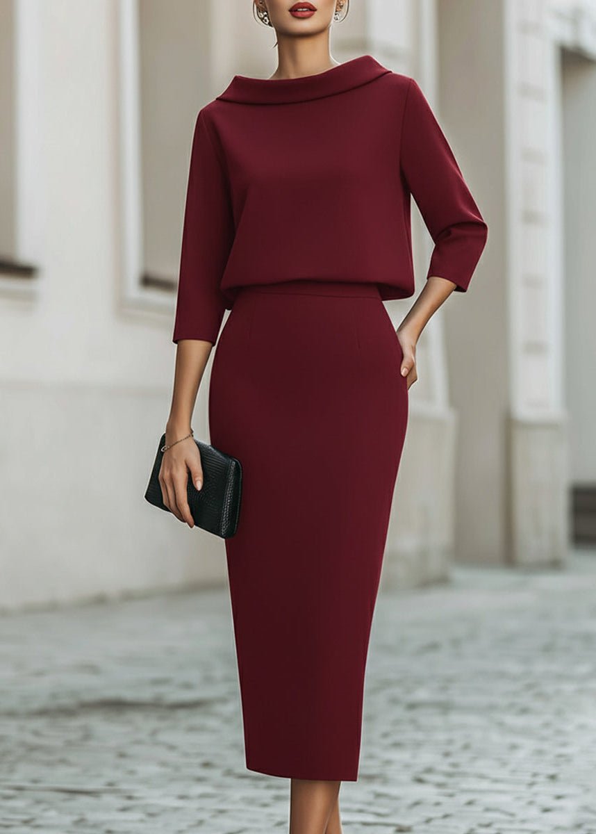Women's Two Piece Set Boat Neck Top Midi Skirt