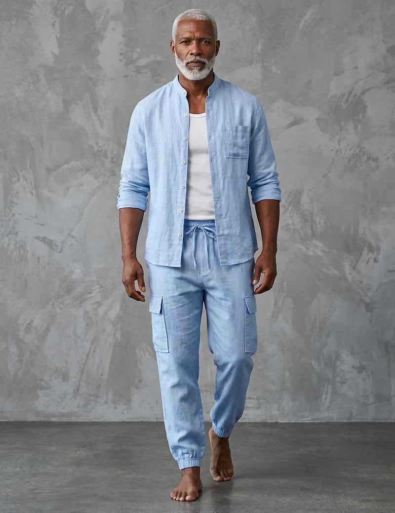 Men's Linen Cargo Set With Mandarin Collar Shirt