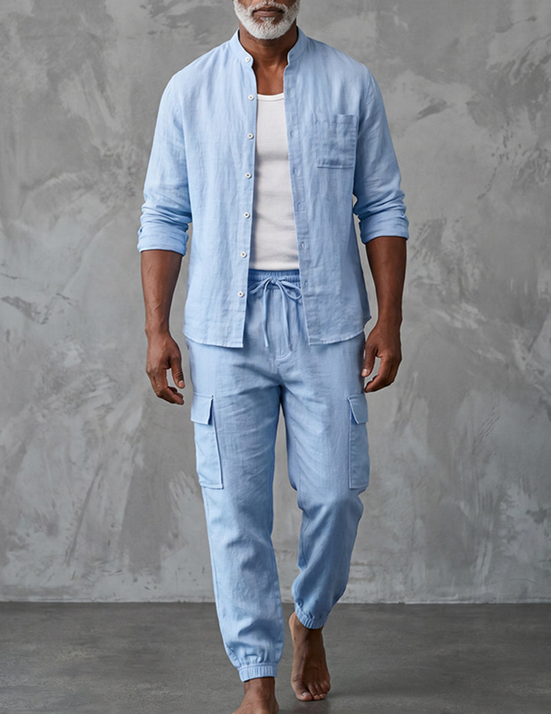 Men's Linen Cargo Set With Mandarin Collar Shirt