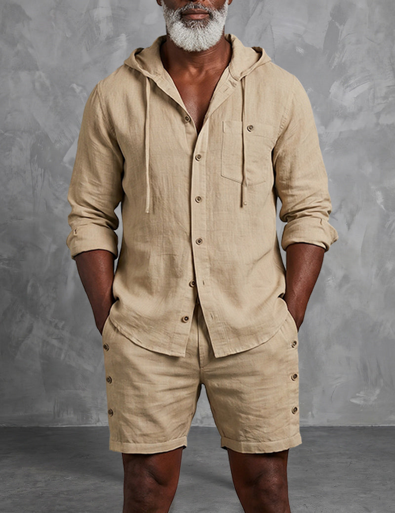 Men's Hooded Shirt and Relaxed Shorts Outfit Set