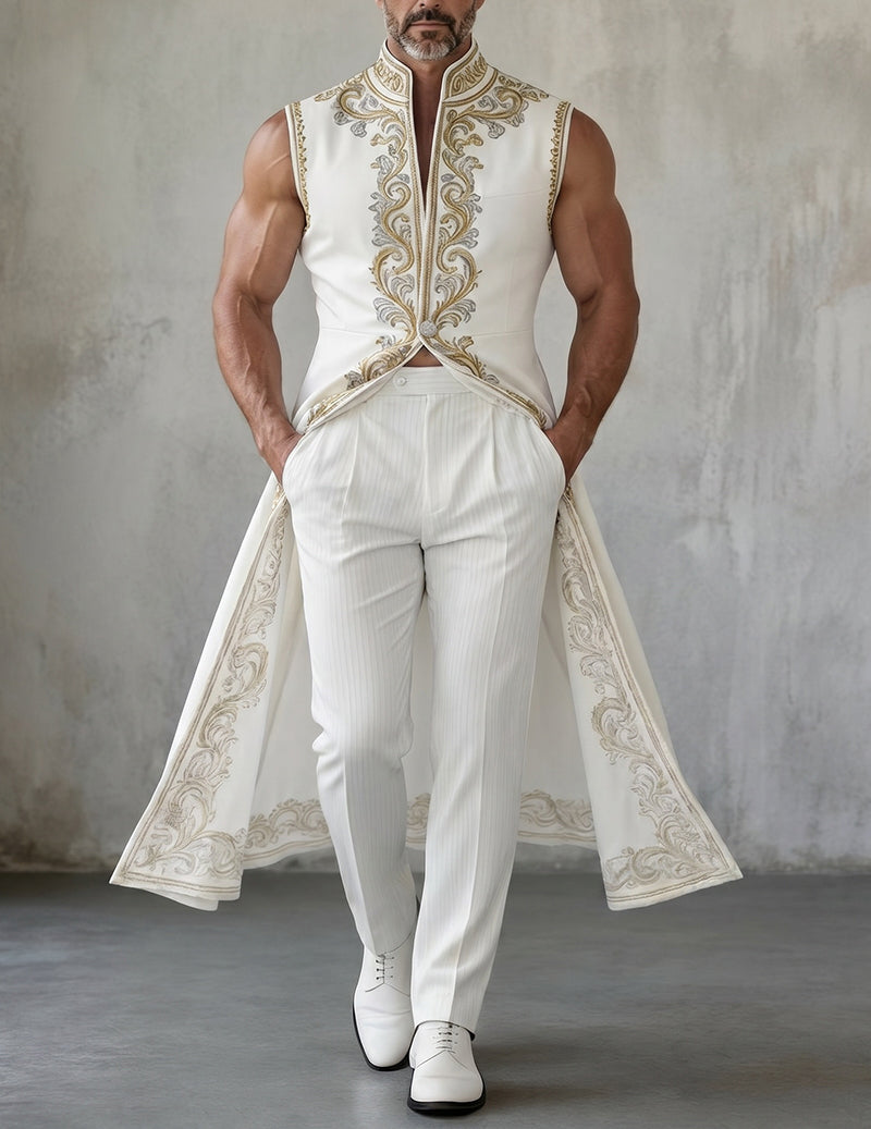 Men's Printed Sleeveless Tailcoat Jacket With Mandarin Collar