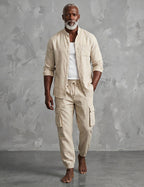 Men's Linen Cargo Set With Mandarin Collar Shirt