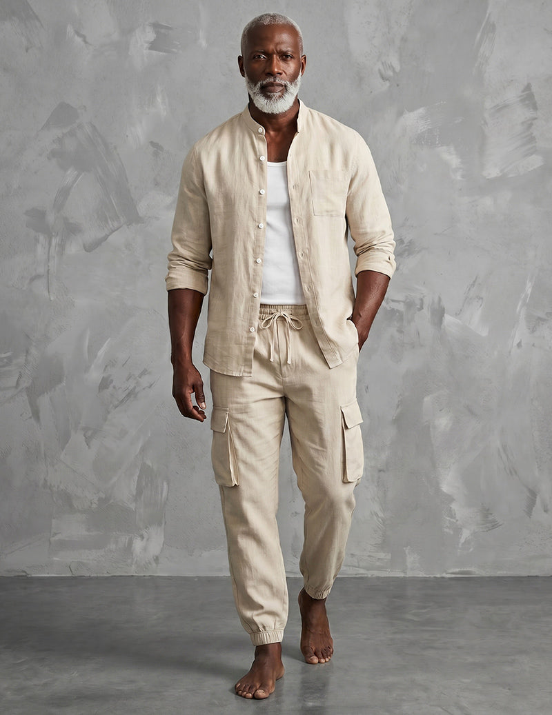 Men's Linen Cargo Set With Mandarin Collar Shirt
