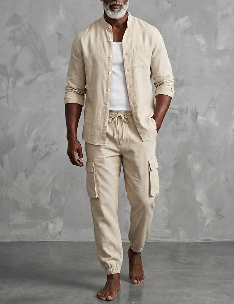 Men's Linen Cargo Set With Mandarin Collar Shirt