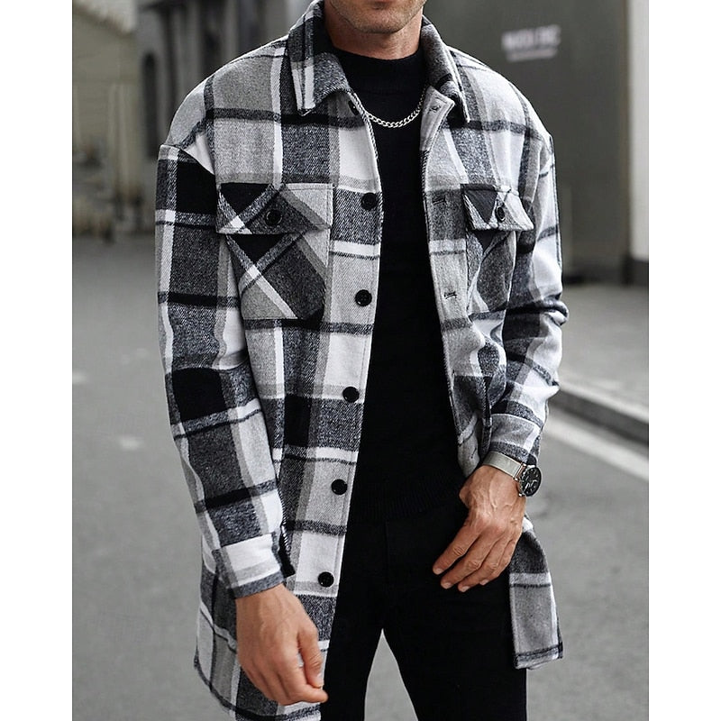 Women's Plaid Button-Up Shacket with Utility Pockets - Black