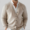Men's Classic V-Neck Cardigan with Ribbed Trims - Beige