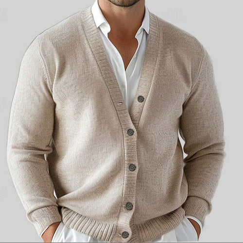 Men's Classic V-Neck Cardigan with Ribbed Trims - Beige