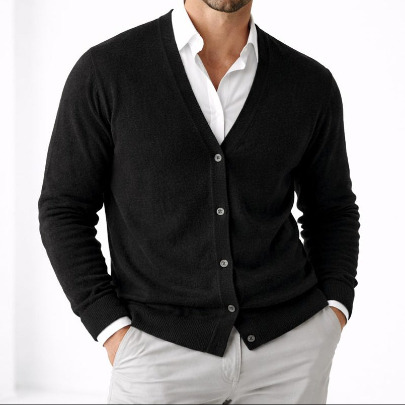 Men's Classic V-Neck Cardigan with Ribbed Trims - Black
