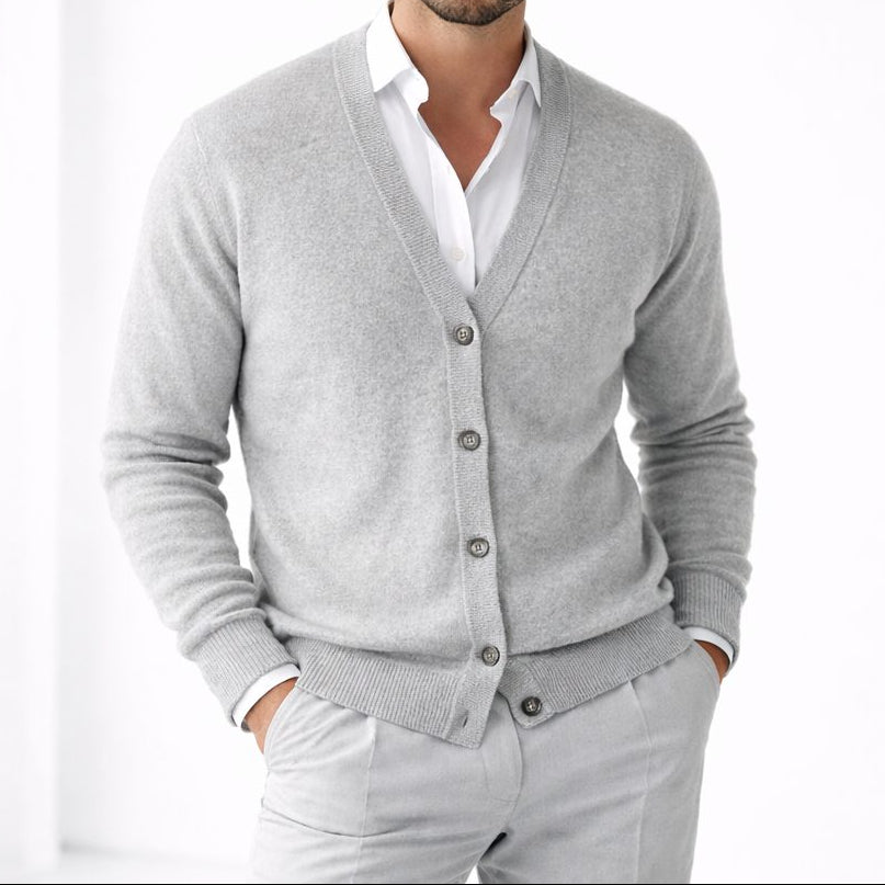 Men's Classic V-Neck Cardigan with Ribbed Trims - Gray