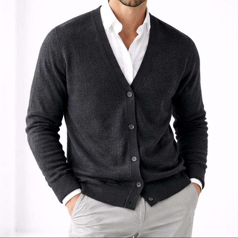 Men's Classic V-Neck Cardigan with Ribbed Trims - Dark Gray