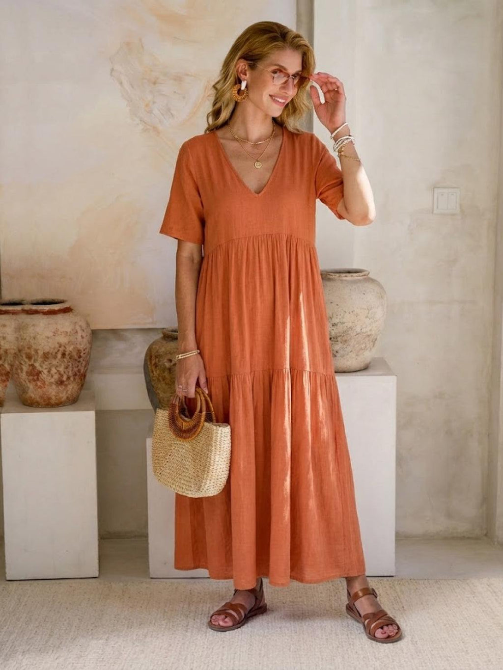 Women's Boho V Neck Tiered Maxi Dress