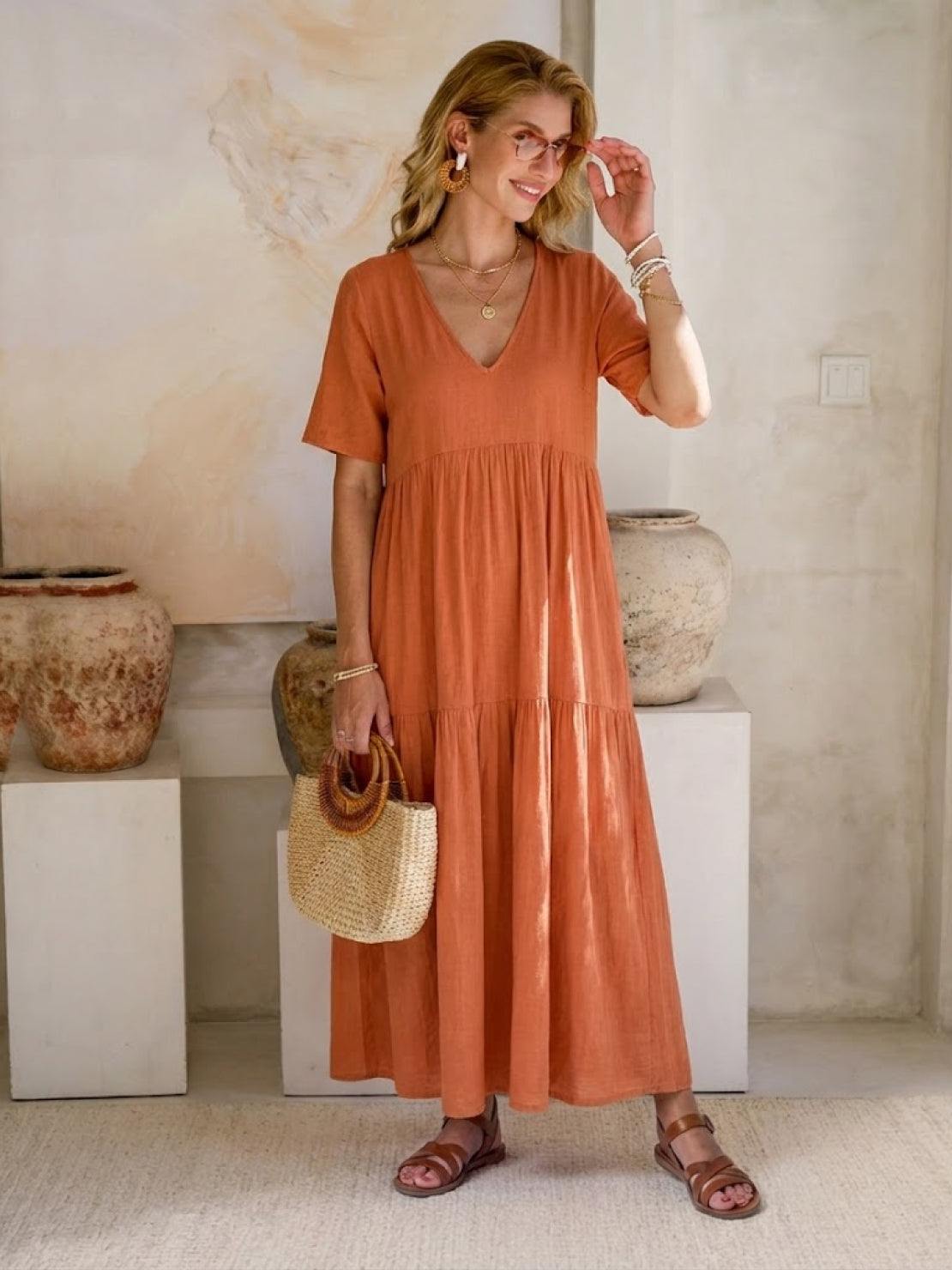 Women's Boho V Neck Tiered Maxi Dress
