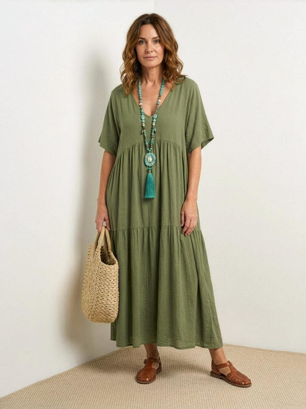 Women's Boho V Neck Tiered Maxi Dress