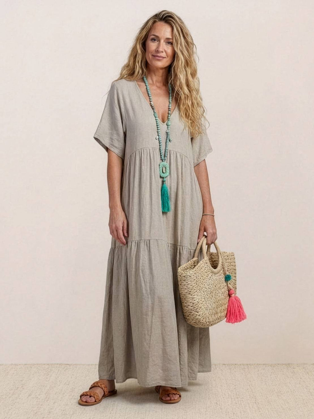 Women's Boho V Neck Tiered Maxi Dress