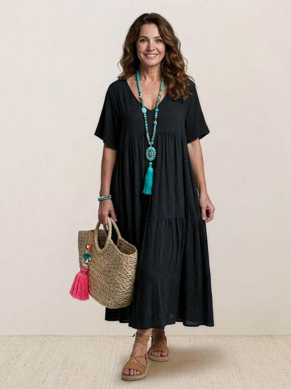 Women's Boho V Neck Tiered Maxi Dress