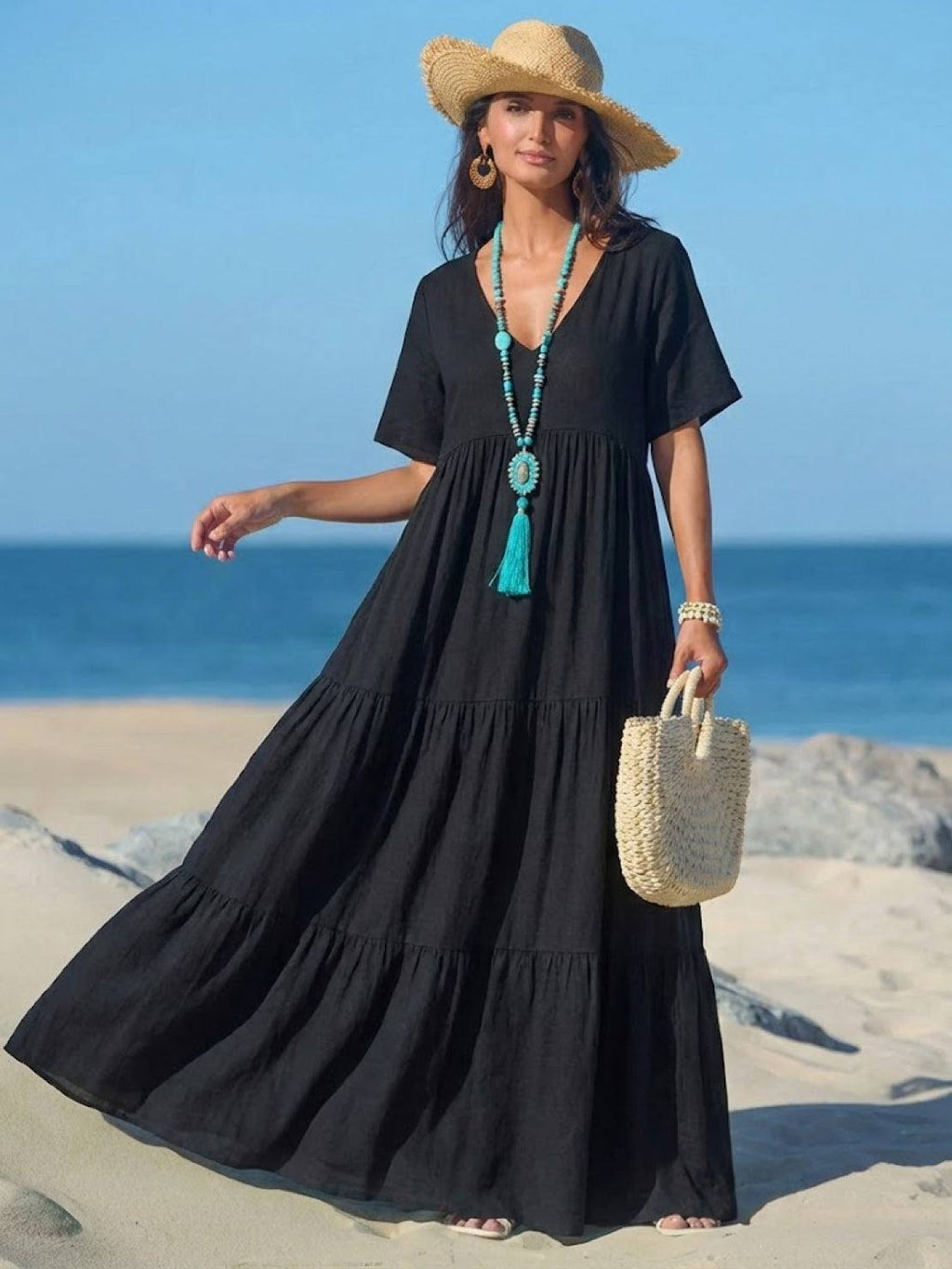 Women's Boho V Neck Tiered Maxi Dress