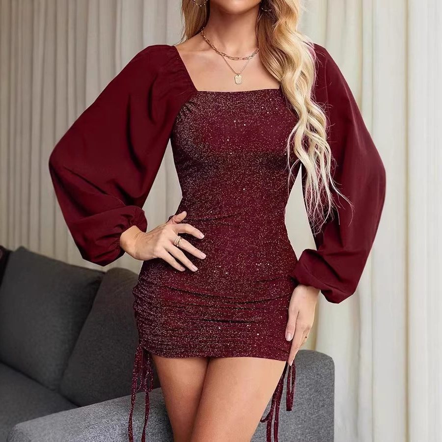 Women's Strapless Sparkle Bodice Mini Dress with Volume Sleeves