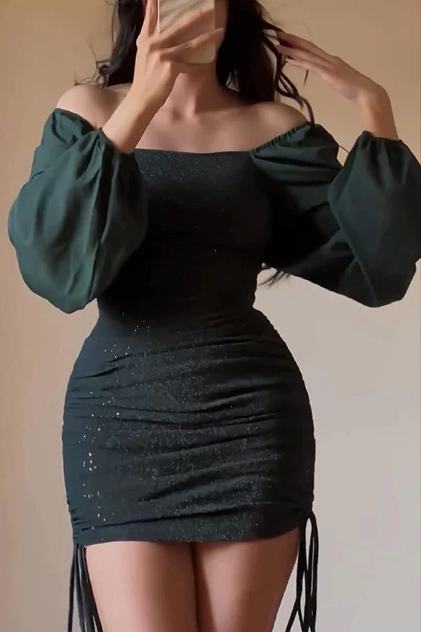 Women's Strapless Sparkle Bodice Mini Dress with Volume Sleeves - Olive Green