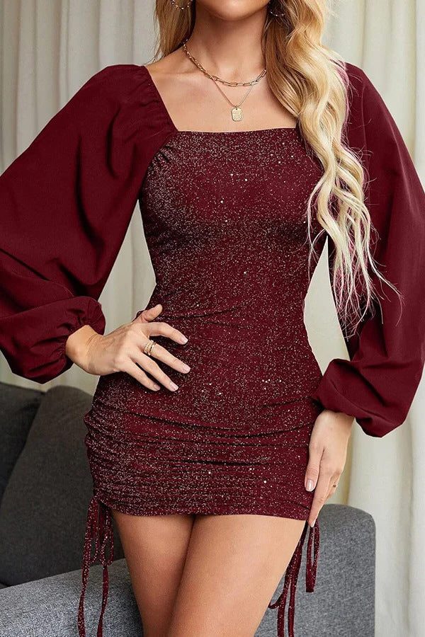 Women's Strapless Sparkle Bodice Mini Dress with Volume Sleeves - Wine Red