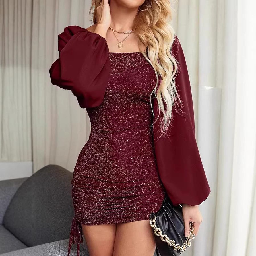 Women's Strapless Sparkle Bodice Mini Dress with Volume Sleeves