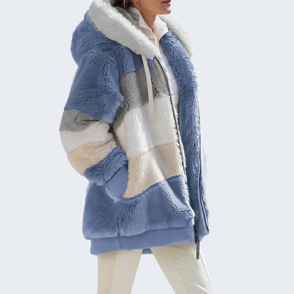 Women's Full-Zip Color-Block Puffer with Plush Faux Fur Accents - Blue