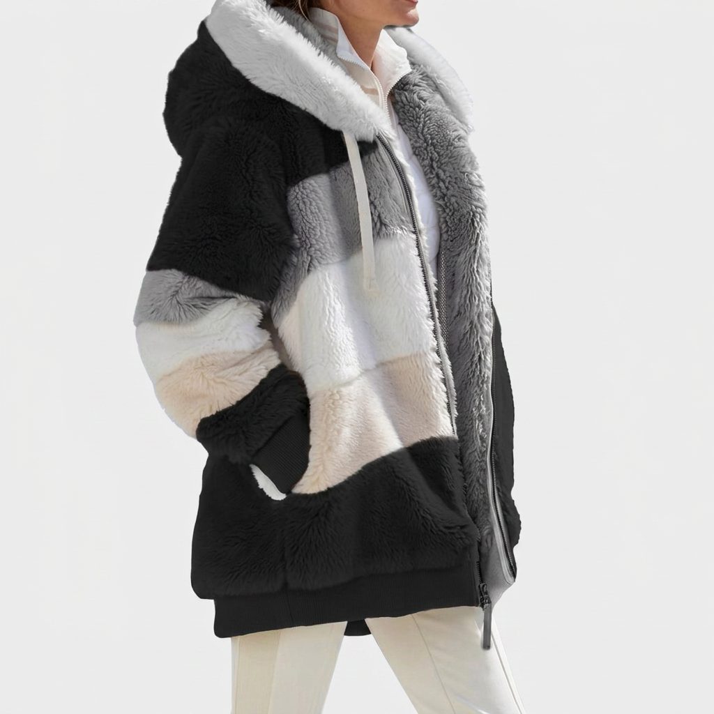 Women's Full-Zip Color-Block Puffer with Plush Faux Fur Accents - Black