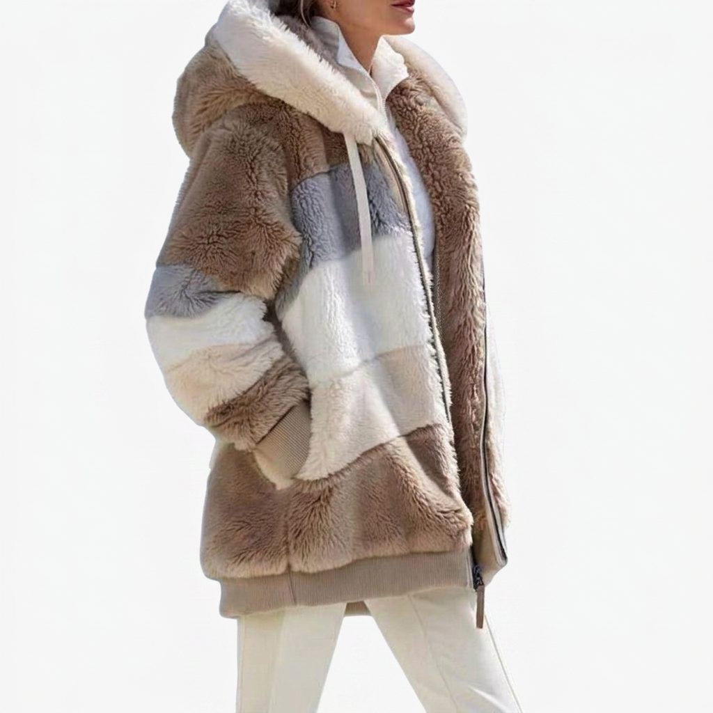 Women's Full-Zip Color-Block Puffer with Plush Faux Fur Accents - Brown