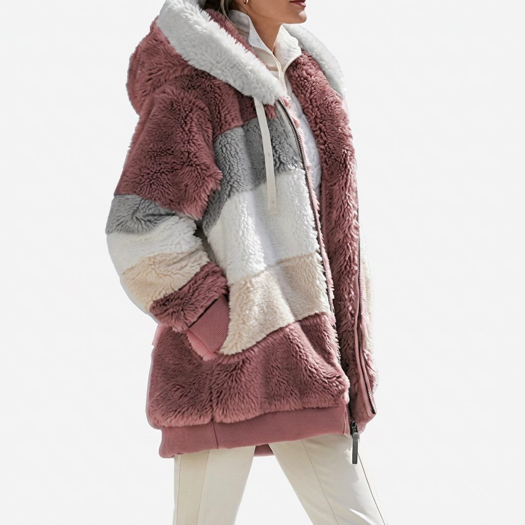 Women's Full-Zip Color-Block Puffer with Plush Faux Fur Accents - Red