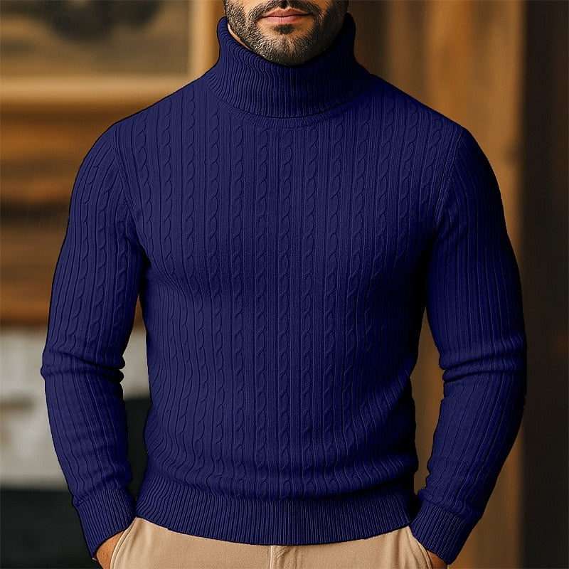 Men's Slim-Fit Turtleneck Sweater with Twisted Cable Texture - Navy Blue